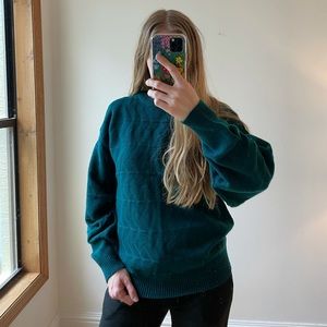 Vintage 80s Teal Geometric Knit Grandpa Sweater